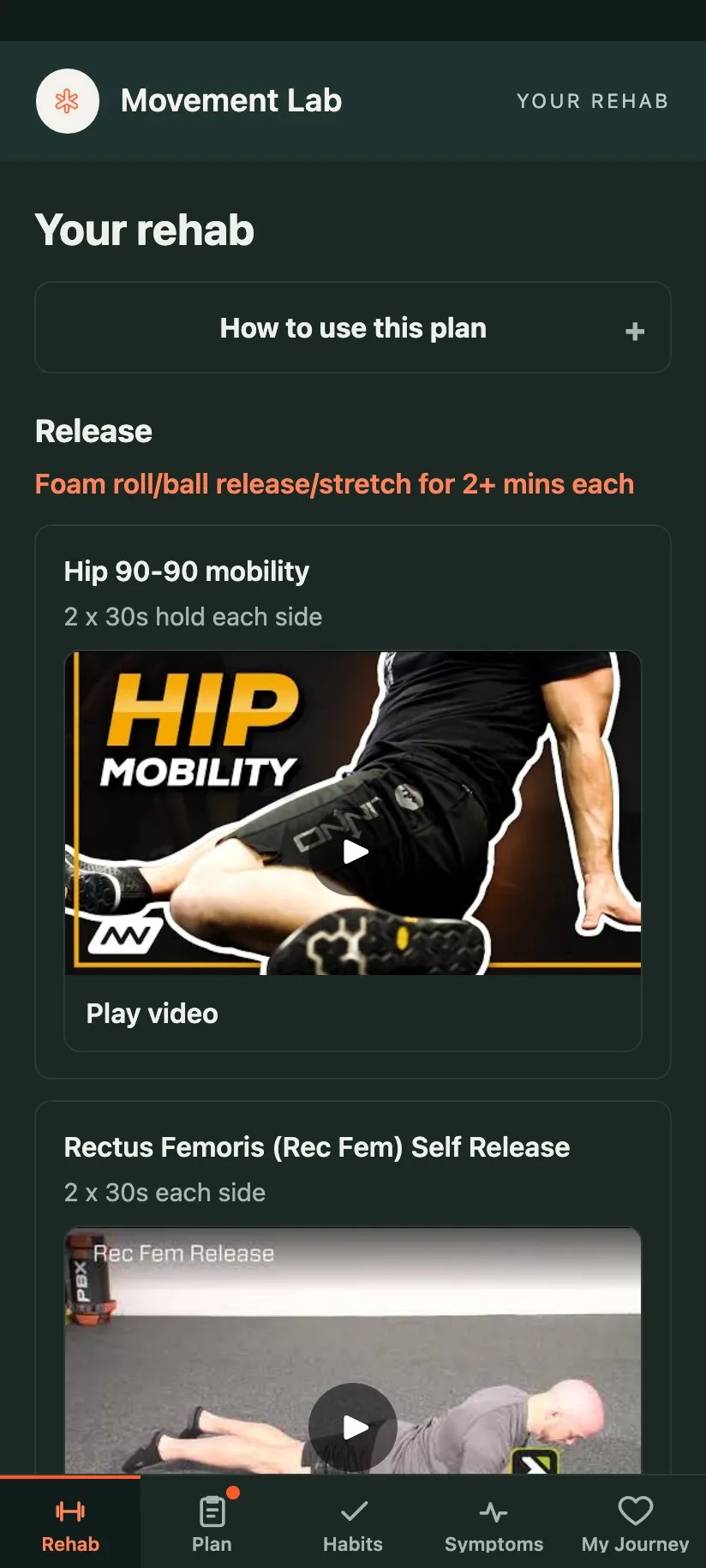 A demonstration rehabilitation plan showing a release exercise, dose guidance and an exercise video.