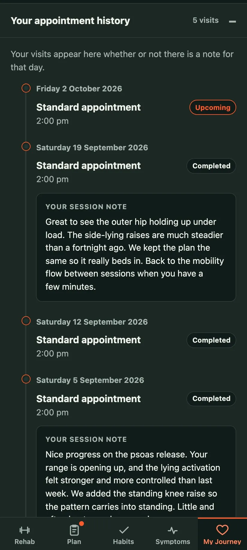 A demonstration appointment history listing four visits, one upcoming and three completed. Two of the completed visits show an expanded session note from the practitioner. The third has none.