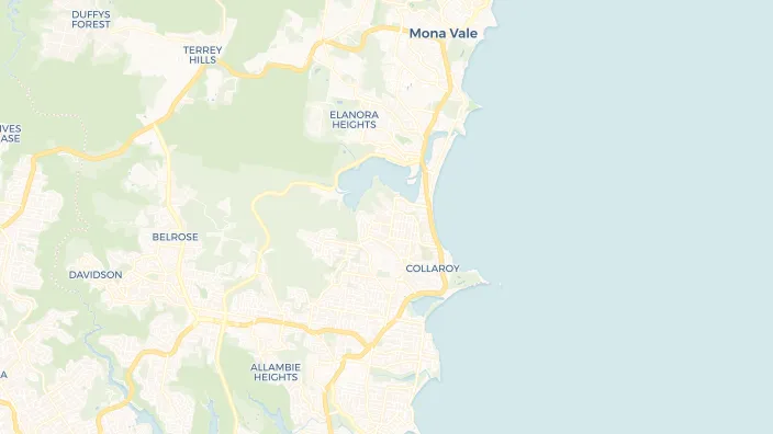 Map of Sydney's Northern Beaches with a pin marking the clinic at Wheeler Heights, inland from Collaroy